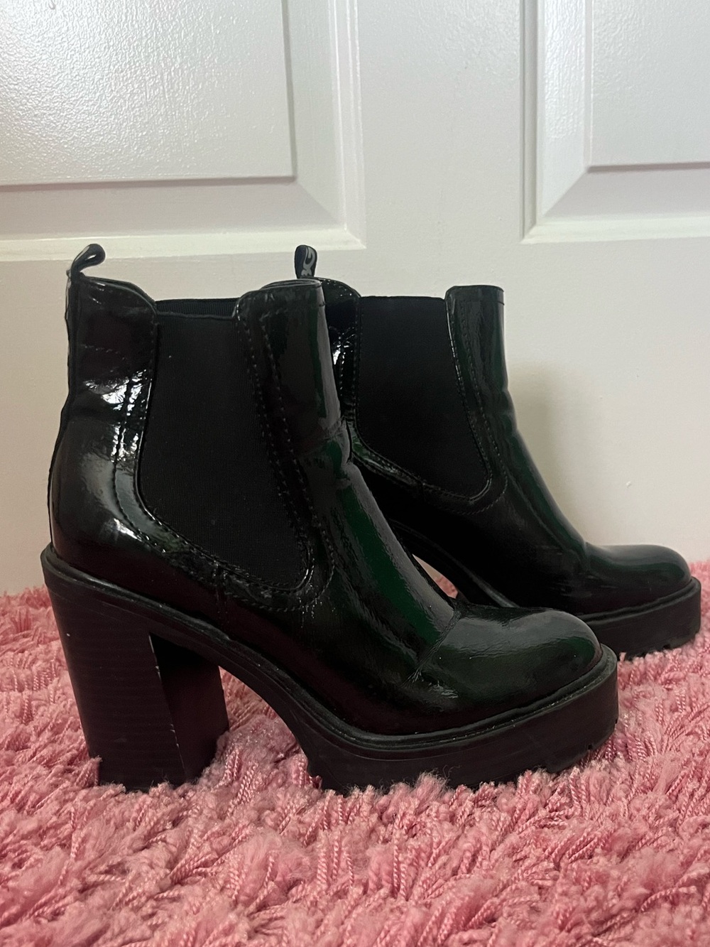 Patent Platform Chelsea Booties in Black